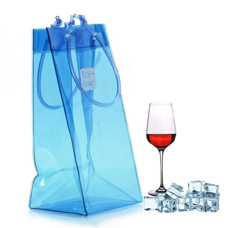 أكياس هدايا زجاجات النبيذ والأيس كريم مصنوعة من البلاستيك الشفاف الأزرق أكياس محمولة مضادة للماء أكياس تبريد زجاجات النبيذ من البلاستيك الشفاف