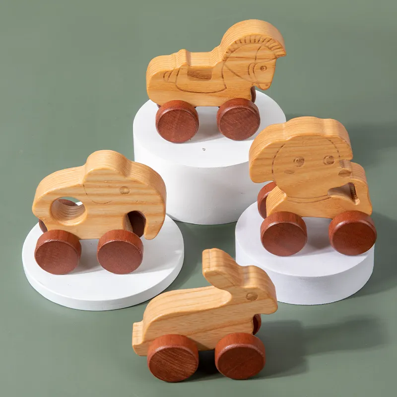 Coche de empuje orgánico de madera para bebé, juguete de animales de madera, desarrollo del movimiento fino y agarre infantil, Montessori, 8 piezas