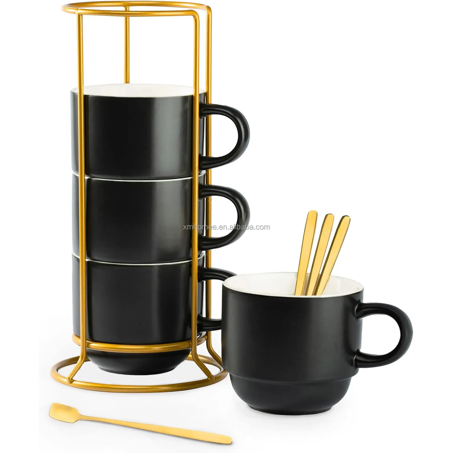 Conjunto de canecas de café empilháveis de porcelana com rack, copos pretos de Demitasse com colheres de café expresso, conjunto para café latte, macchiato e café mocha
