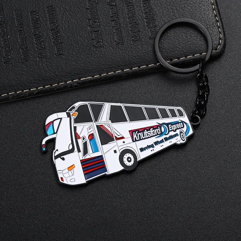 Metal personalizado esmalte macio logotipo colorido mini ônibus em forma chaveiro