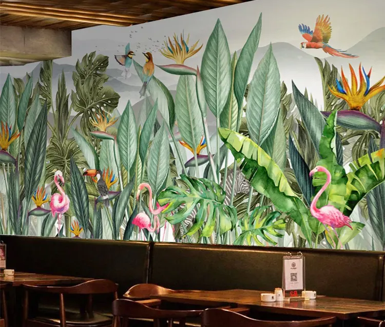 Papel de parede pintado à mão, 6m de largura, plantas de chuva tropicais, 3d, mural de parede, flores e pássaros, design de papel de parede