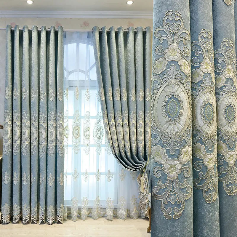 Tirai Jendela Bordir Mewah Klasik Gaya Amerika, Set Panel Kain Gorden Tahan Suara untuk Ruang Tamu Mewah