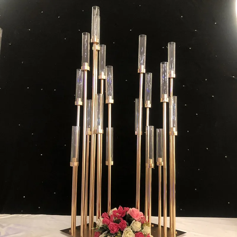 חתונות מסיבת סידורי שולחן Stand עבור עיצוב הבית 10 זרועות זהב זכוכית מנורת מתכת פמוטים פמוטים