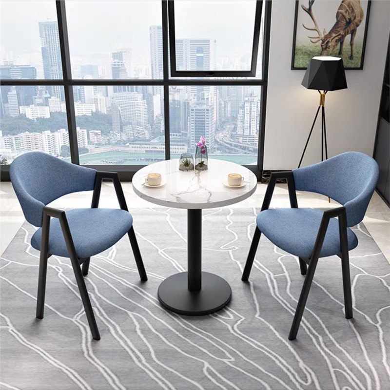 Table ronde bleu clair 60cm et 2 chaises en tissu
