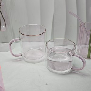 热卖透明圆柱形咖啡杯耐热彩色双壁玻璃茶杯粉色咖啡杯