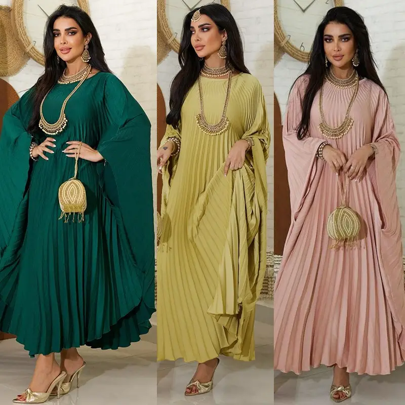 Wholesale muslim women fashion pullover pleated robe with large hem and oversized dress abaya dubai