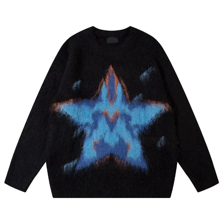 Mode hivernale Logo personnalisé Tricots Fuzzy Mohair Star Jacquard Pattern Loose Knitted Pullover Men's Sweater