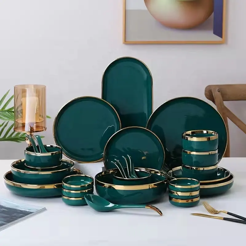 Conjunto de cerâmica de porcelana, conjunto de louças para jantar, itens verdes e nórdicos