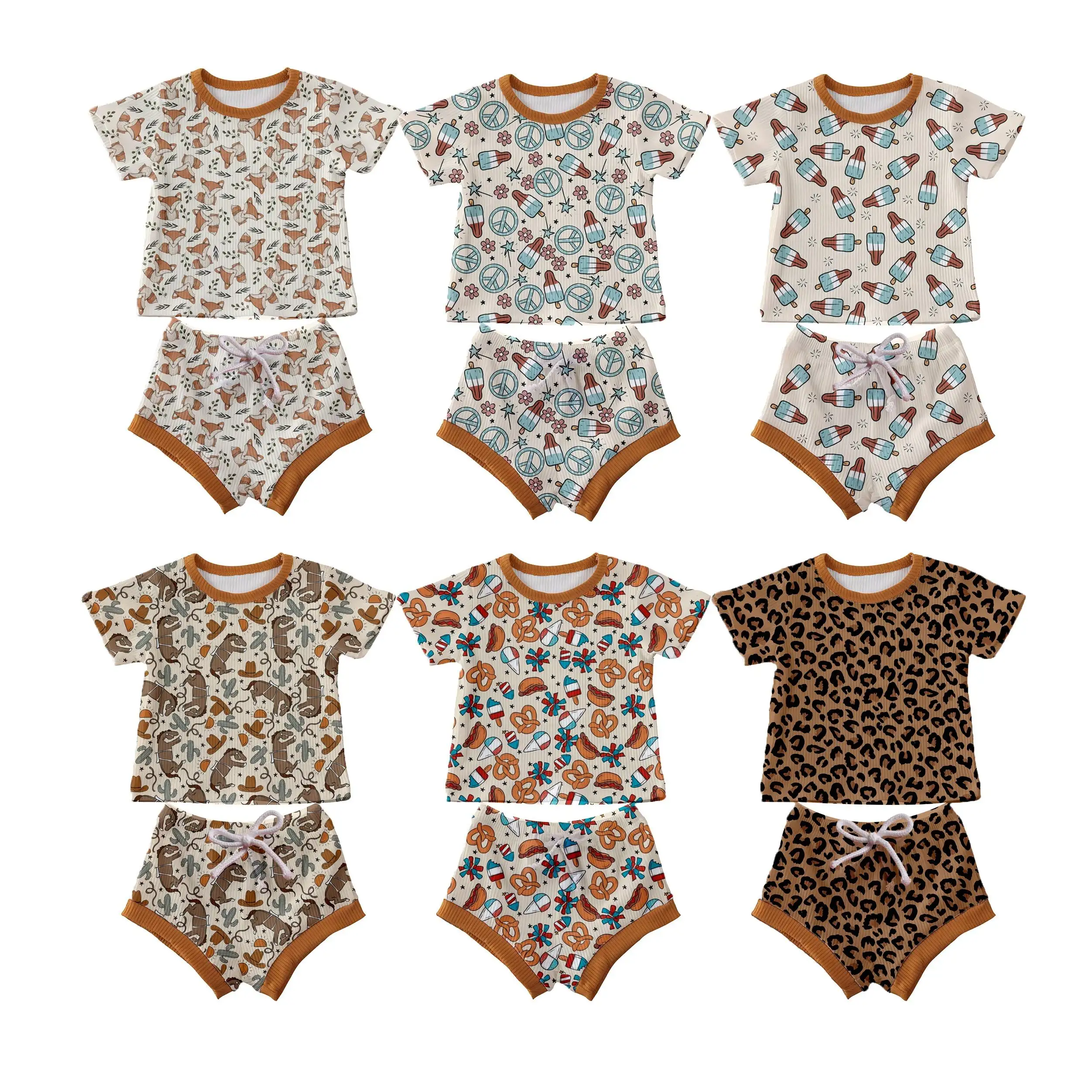 Vente en gros Tenue décontractée d'été personnalisée pour tout-petits enfants T-shirt côtelé à manches courtes imprimé Shorts Ensembles de vêtements deux pièces pour bébés garçons