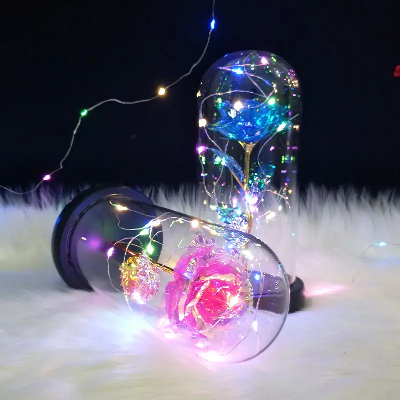 Galaxy Rose Dome with LED Light for Christmas in Glass Galaxy Artificial Rose with Gift Box Plastic Flower,gift Box 2 Pcs