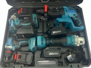硬壳四件套无刷电动工具组，包括组合钻电动扳手角磨机锤钻