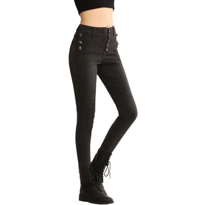 Jean skinny en denim taille haute femme Jeans en denim noir sexy à boutons pour femmes