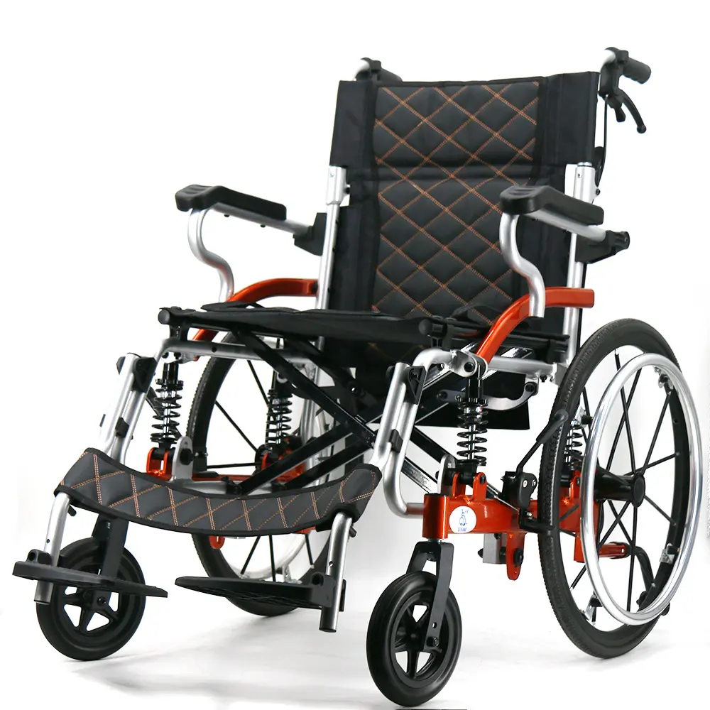 Foshan New Arrival Kunden spezifischer Aluminium-Stoßdämpfer-Rollstuhl mit PU-Hinterrad-sicherem Anti-Schock-Stuhl mit Rädern