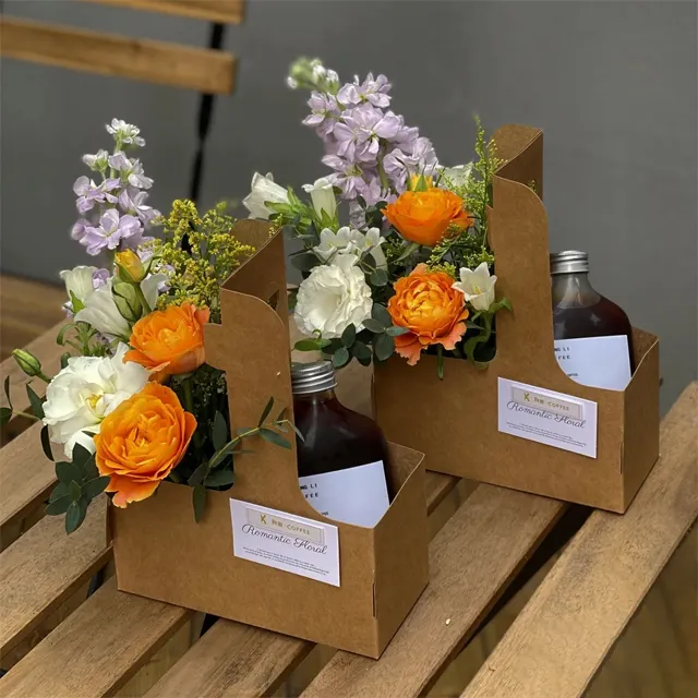 Kare kraft kahve buket paketi toptan taşınabilir çiçek aranjmanı el çantası kağıt kutuları çiçek kulplu çanta