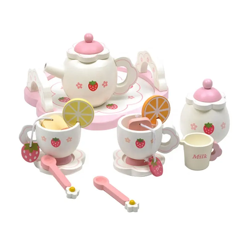 Kids Wooden Tea Set Morango Simulação Bule Tea Cup Brinquedos para crianças Play House Interactive Kitchen Game