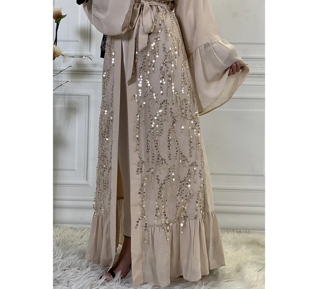 Kimono Femme Cardigan Ouvert sur le Devant Robe Maxi Abaya Robe à Paillettes Caftan Musulman Arabe Sans Echarpe Robe banquet fête mariage nuit