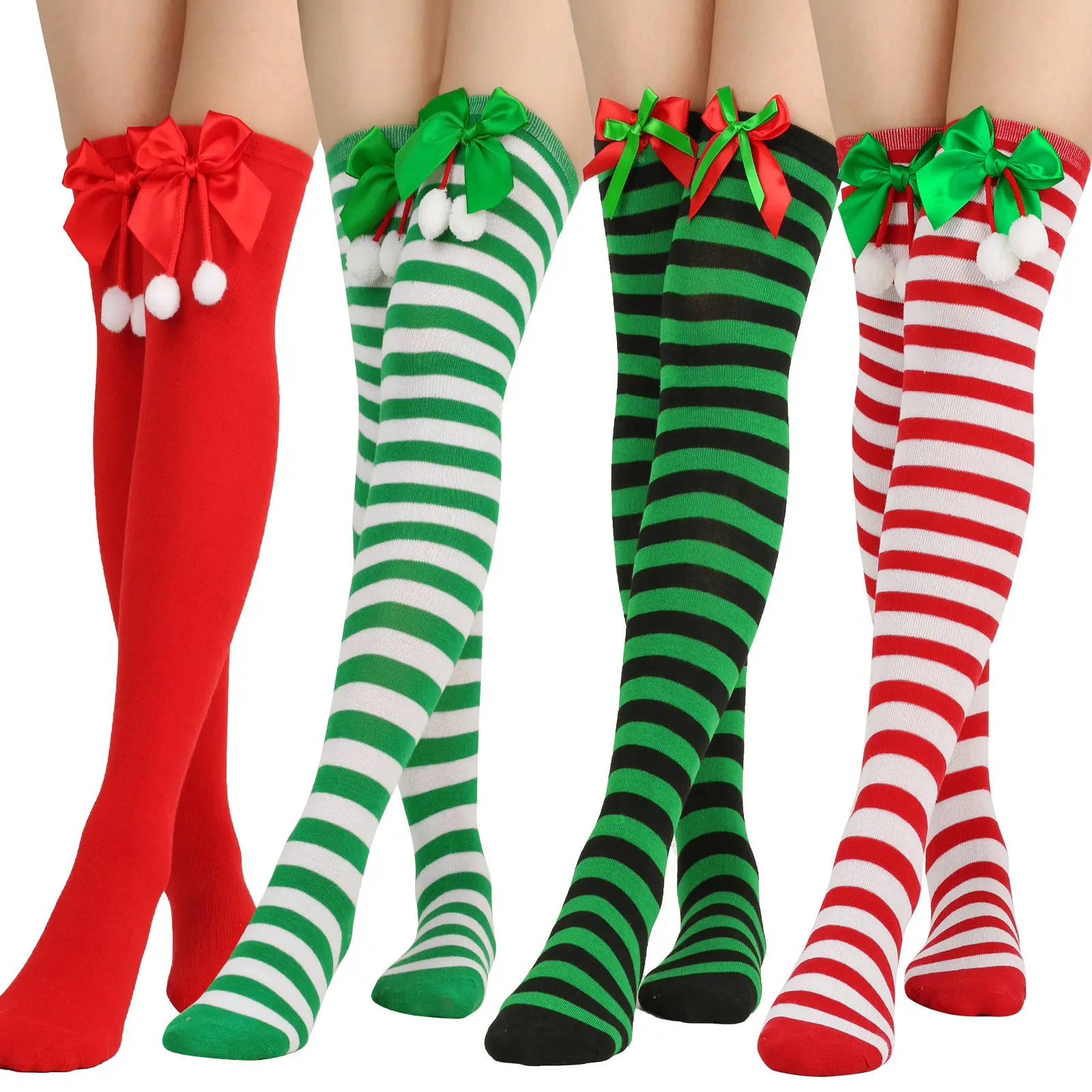 Calcetines hasta el muslo de Navidad Calcetines altos de rayas rojas y blancas con lazo sobre medias de rodilla Medias de bastones de caramelo