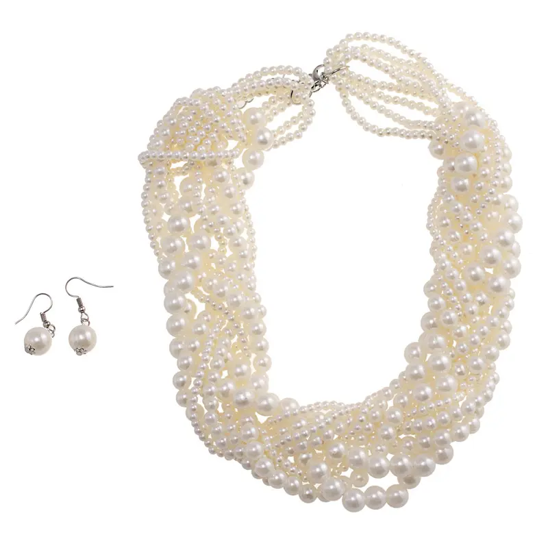 Andmade-Conjunto de joyería para mujer, collar y pendientes con perlas de imitación multicapa