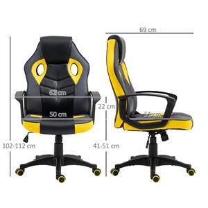 Vinsetto Ergonomic Gaming Chair,回転オフィスチェアホイール付きブラックとイエローのフェイクレザー,高さ調整可能