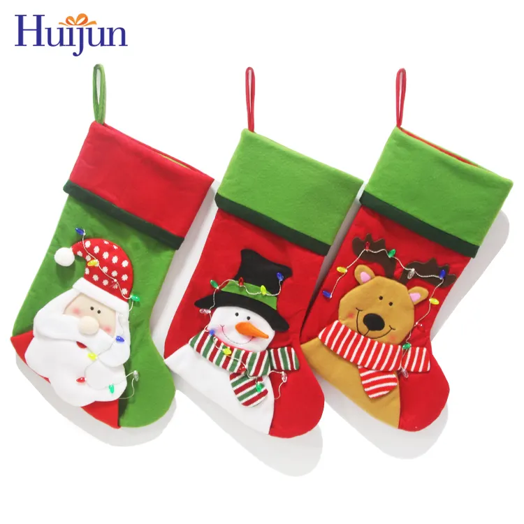 2024 Set of 3 Felt Christmas Stocking With Light Santa Snowman Reindeer LED Christmas Stocking Hanging Socks