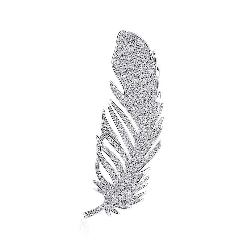 Silver Full-Diamond Feather Brooch
