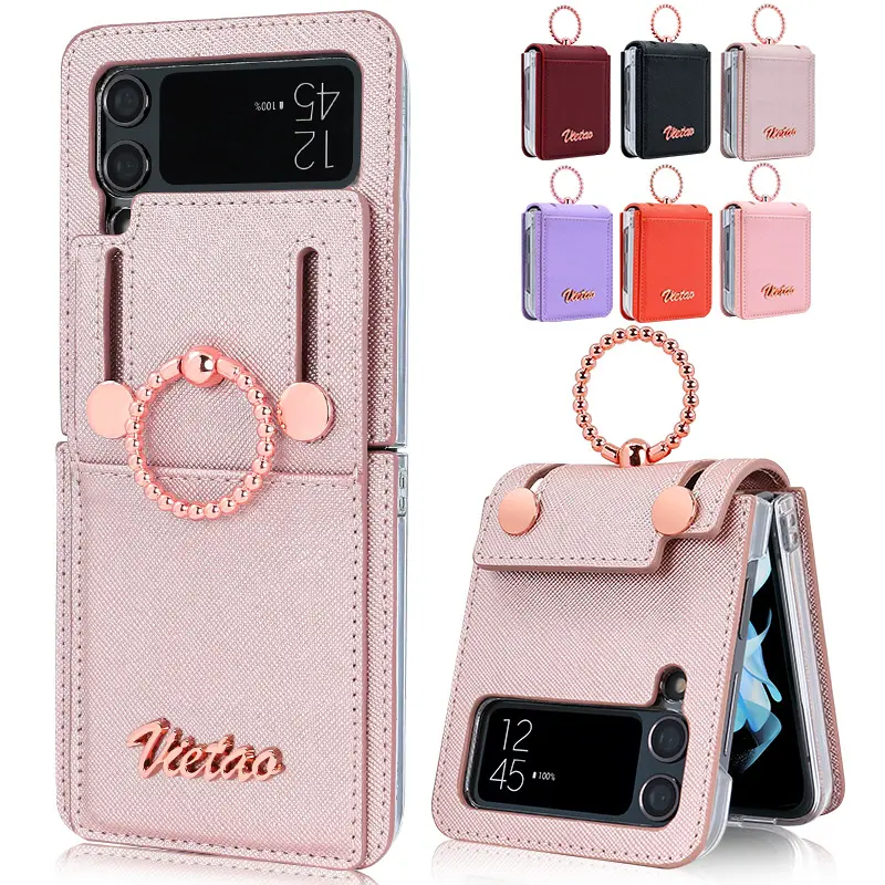 VIETAO Brand Cross pattern Leather Z Flip 3 Case Ring Holder With Card Slot For Samsung Flip 4 Leather Cases With Ring Holder