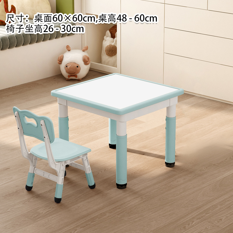 Pizarra blanca, mesa y silla azul ballena.