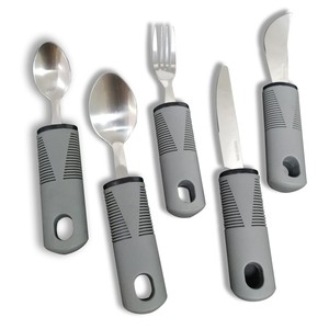 Adaptive Cutlery for Elderly With Arthritis Hand Grip Disable <strong>Parkinson</strong> Fork Spoon-Stainless Steel Utensils With Grey Handle