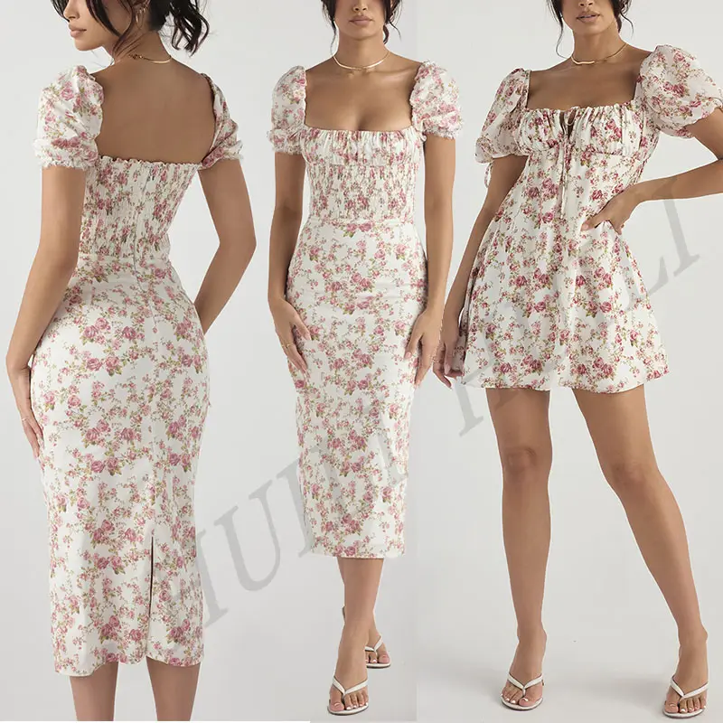 2024 mode femmes blanc rose fleur Rose imprimé manches bouffantes Mini Maxi élastique Boho plage été personnalisé robe à fleurs pour dame