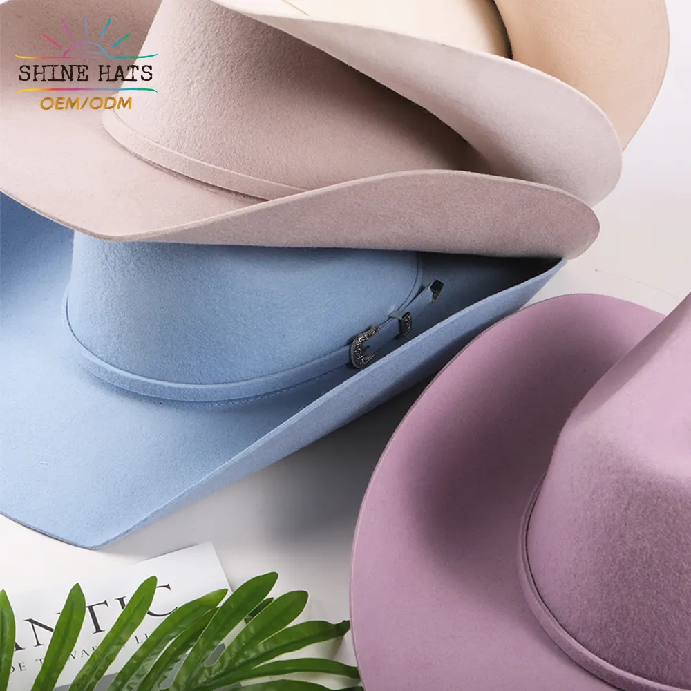 Shinehats OEM Wholesale 2024 Western Cowboy Curled Custom Felt Hat Unisex Warped Brim Plain Women Hats Vintage Felt Fedora Hats