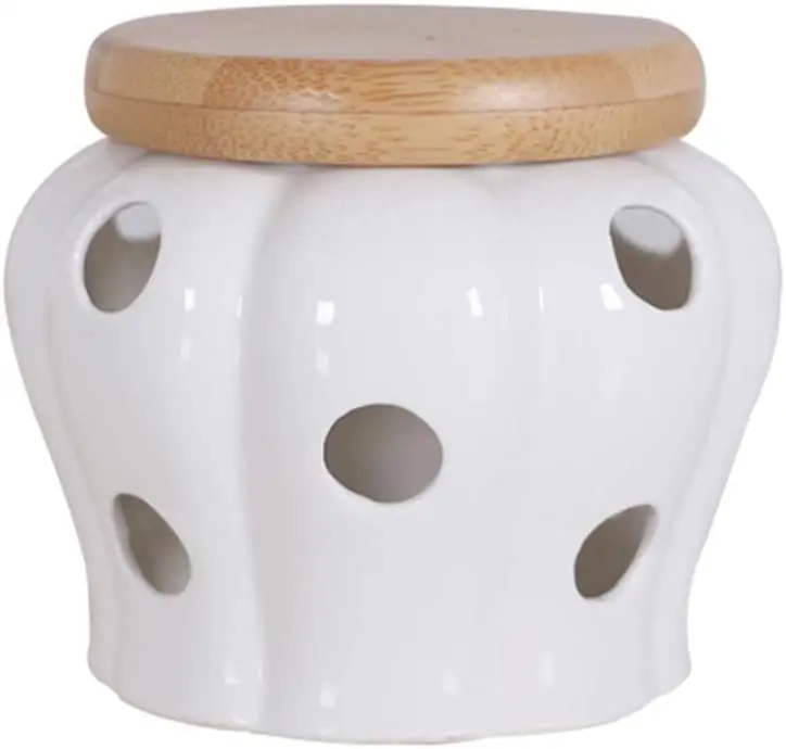 Offre Spéciale Jarre en céramique Blanc Vitrage Gardien de L'ail Ail Conteneur De Stockage Pot Avec Couvercle en bambou