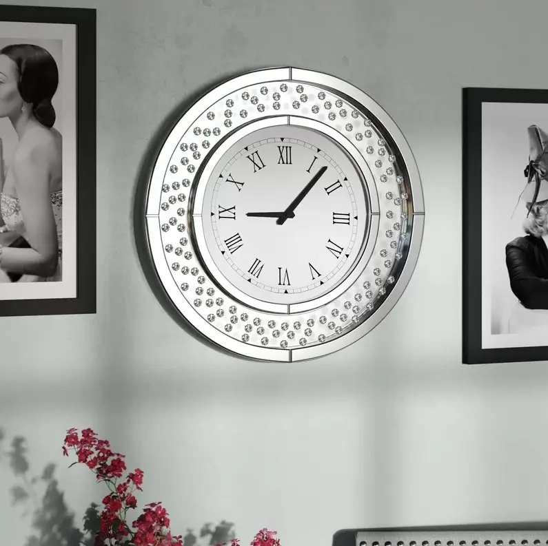 Relógio de parede moderno, decorativo, cristal, espelhado, formato redondo, glam, clássico, com numerais romanos