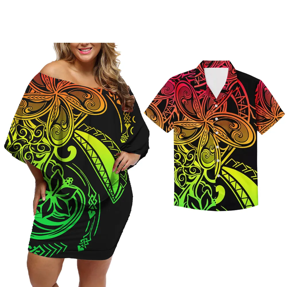 Новое поступление, костюм для пары из 2 предметов, женское платье с открытыми плечами на заказ, красочный градиентный дизайн самоанского платья с принтом, мужская рубашка