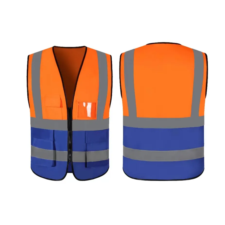 เสื้อสะท้อนแสงสะท้อนแสงสำหรับใส่ทำงานของพนักงานเสื้อกั๊กสีส้มมีกระเป๋าชุดทำงานแบบกำหนดเองได้