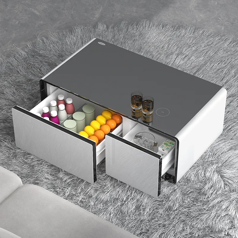 Hotel Smart Coffee Table Mini bar Nevera Refrigerador Congelador con puerta de vidrio doble con carga inalámbrica