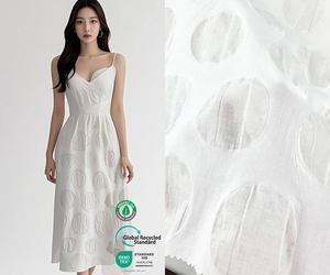 100% Cotton Salt Shrinkage Process Embossed Circular <strong>Patterns</strong> Vertical Lines Solid White Zigzag Edges Women's Summer Dresses - Product Image 1