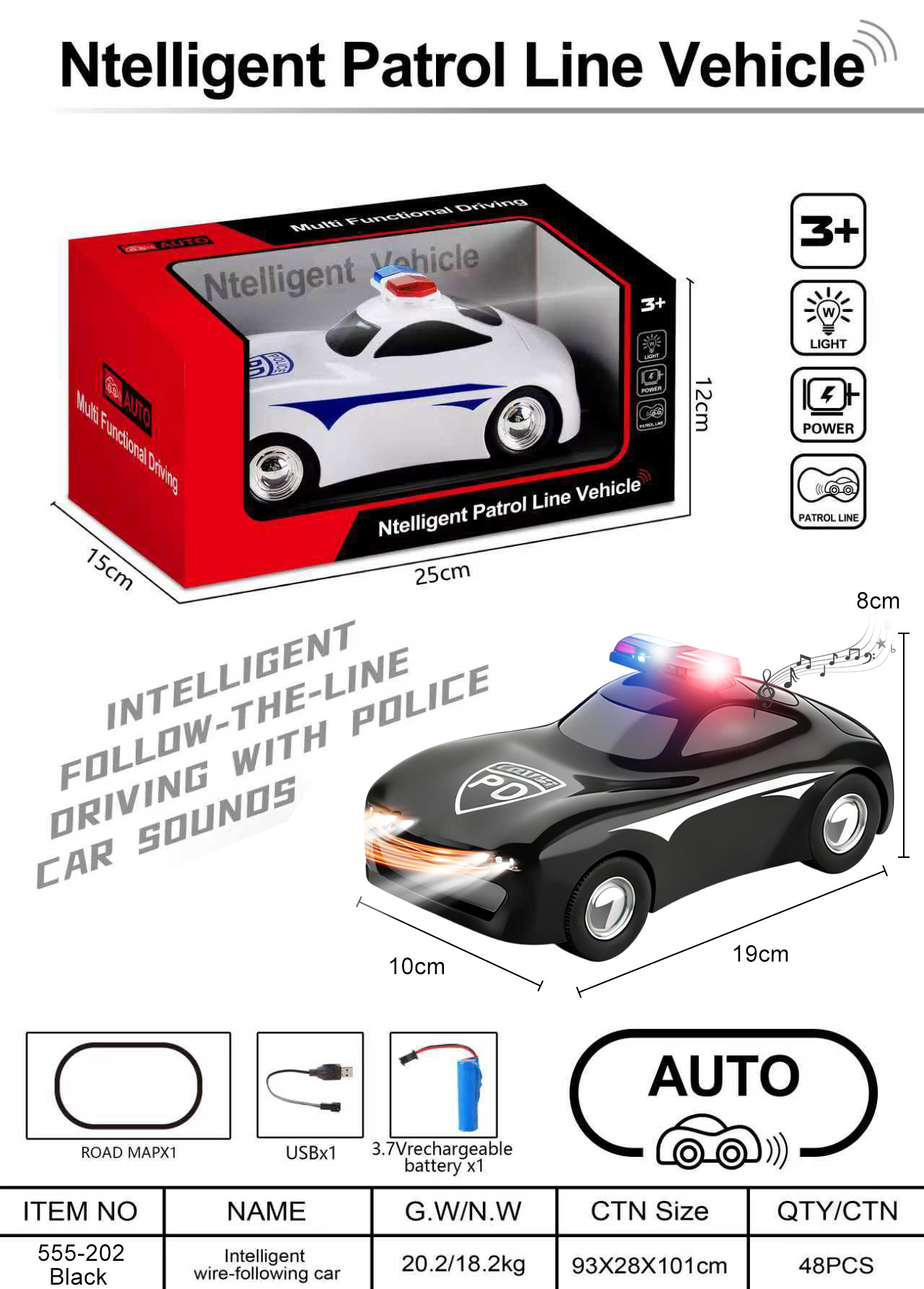 555-202 Noir (Lumières + Alarme) - Version Rechargeable - Boîte Fenêtre