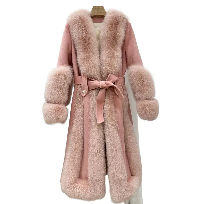 Chaqueta elegante Boutique hecha a mano 100% abrigo de piel de Cachemira lana con cuello de piel de zorro natural grande