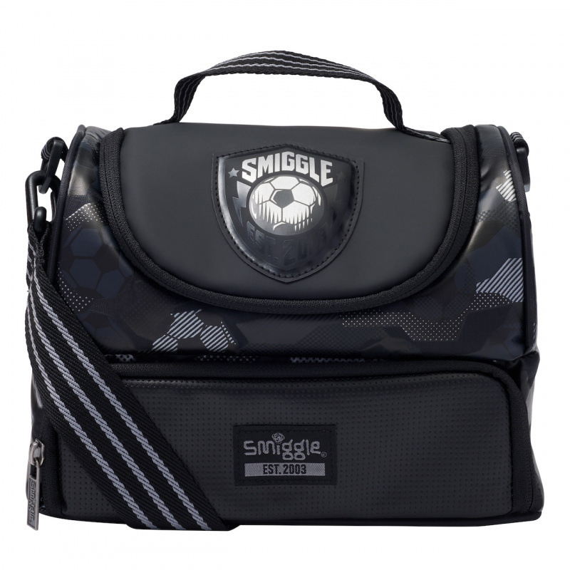 Sac à lunch noir à double compartiment sur le thème du football, avec bandoulière.