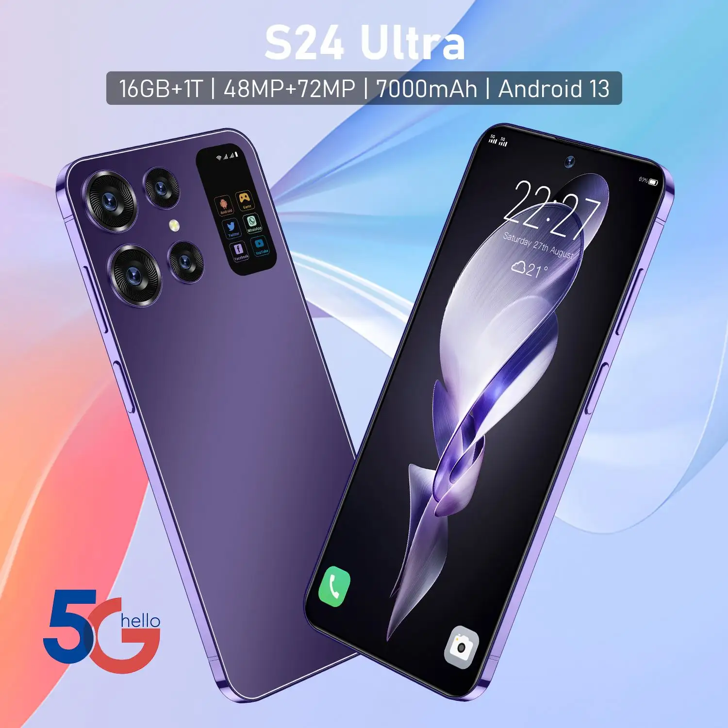 6.8 polegadas S24 Real HD 16GB RAM + 512GB ROM Smartphone Dimensão 88 True Waterdrop Display 48MP + 72 MP Câmeras 3G desbloqueado