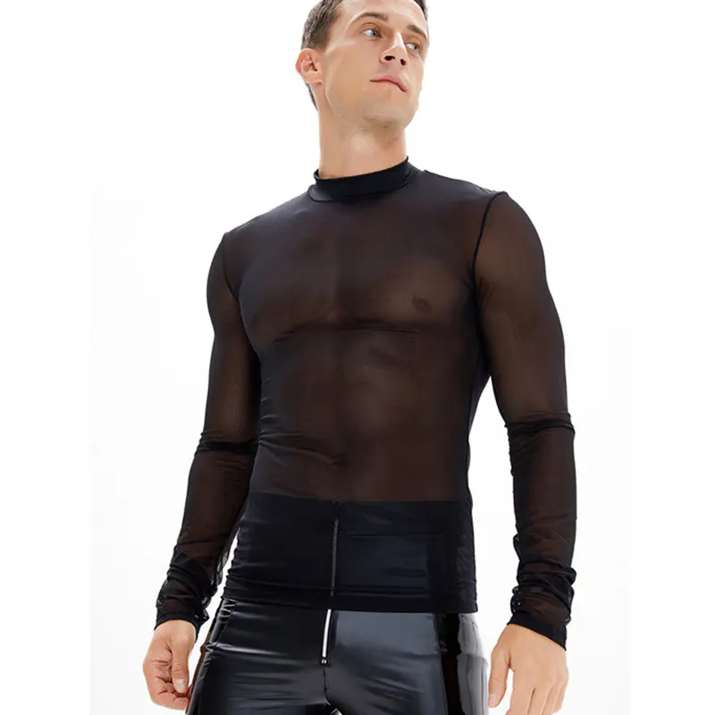 Man Sexy Sheer Transparent Sexy Night Club See Undershirt Through Top Tees Tight Sheer Long Sleeve T Shirts