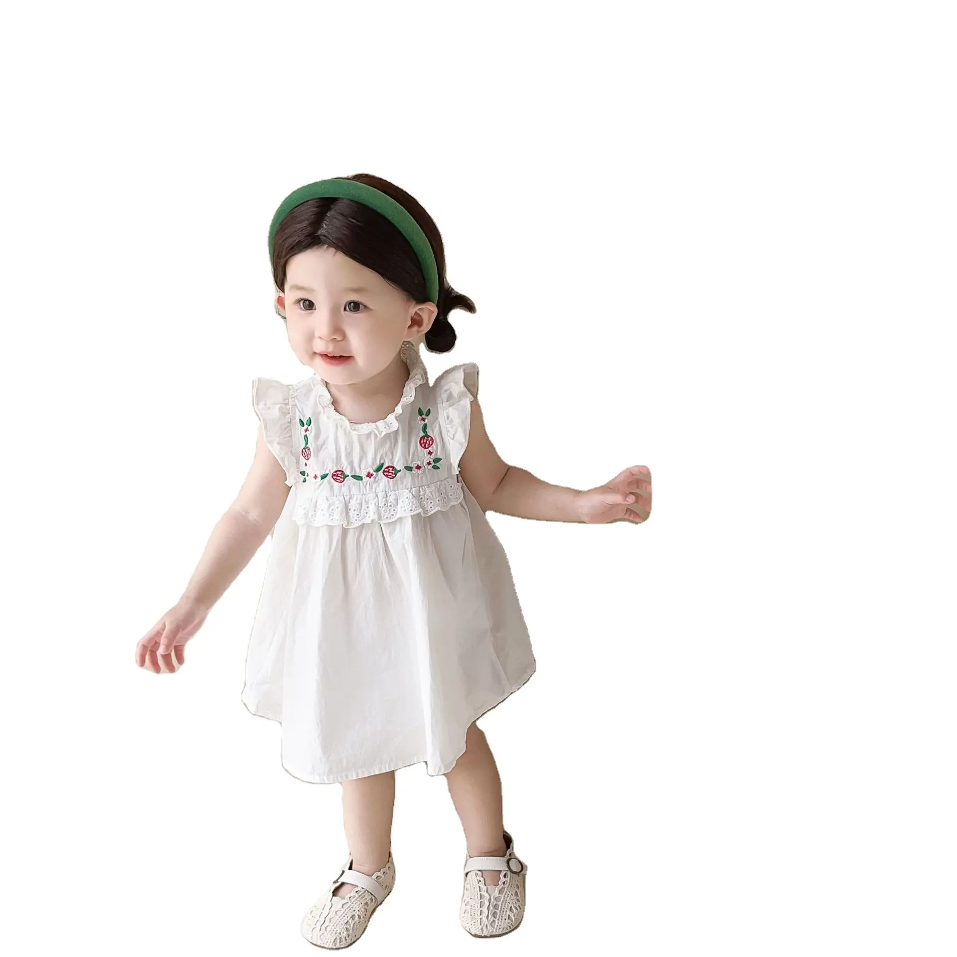 2024 neue Sommer koreanische Version von Baby Kinder Erdbeere bestickte Prinzessin Mode Kleid Sommer dünne Mädchen Kleid