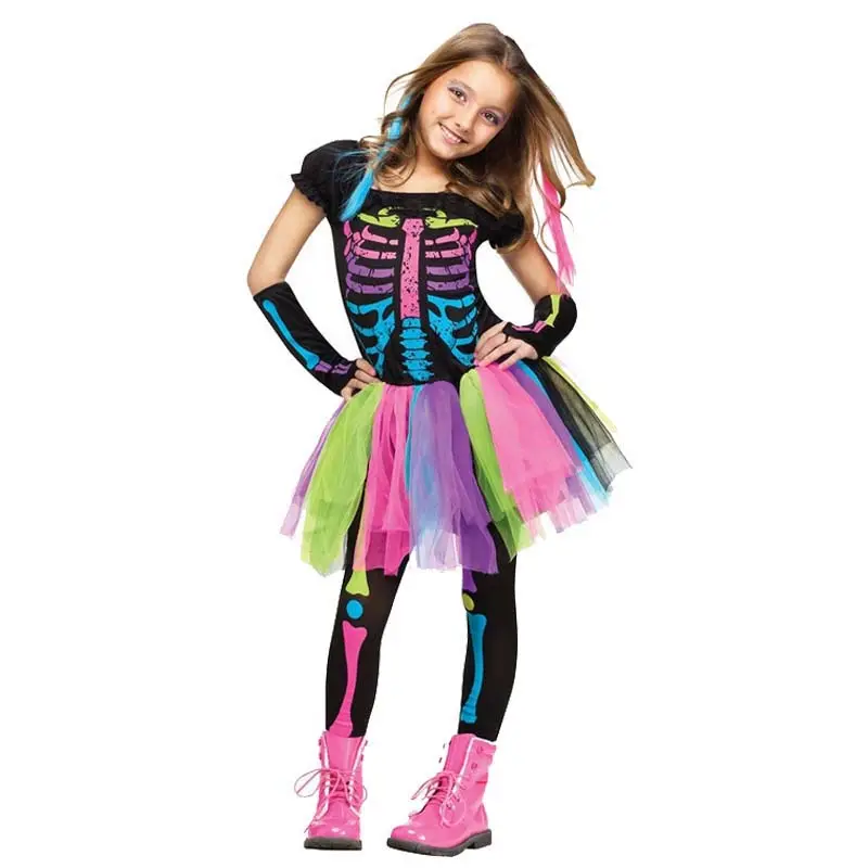 Fashion Halloween Party Cosplay Girls Colorful skeleton dress ZMHC-017