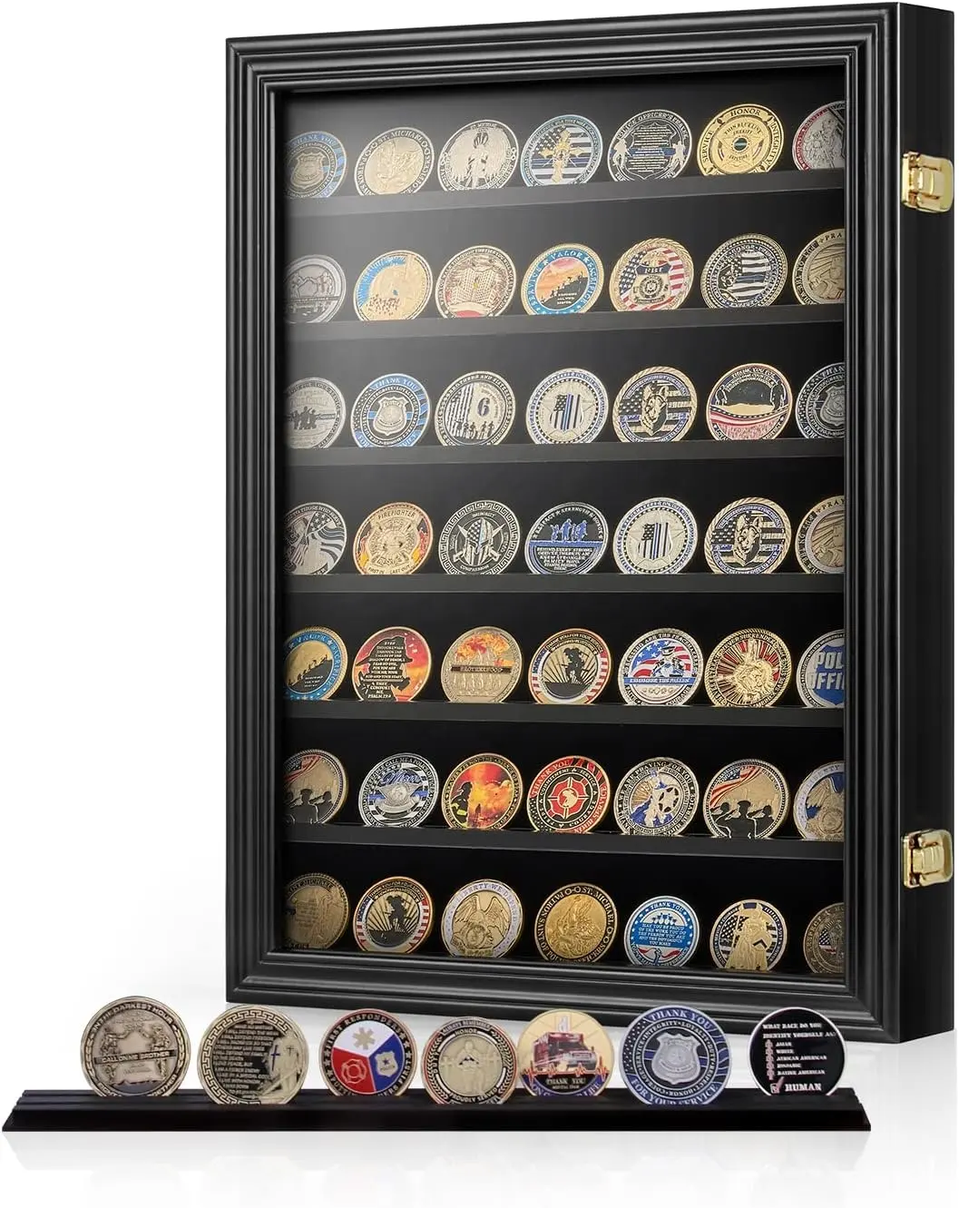 Military Challenge Coin Display Case Solid Wood 7 Rows Coin Holder Cabinet Rack Glass Door Military Removable Shelves Shadow Box