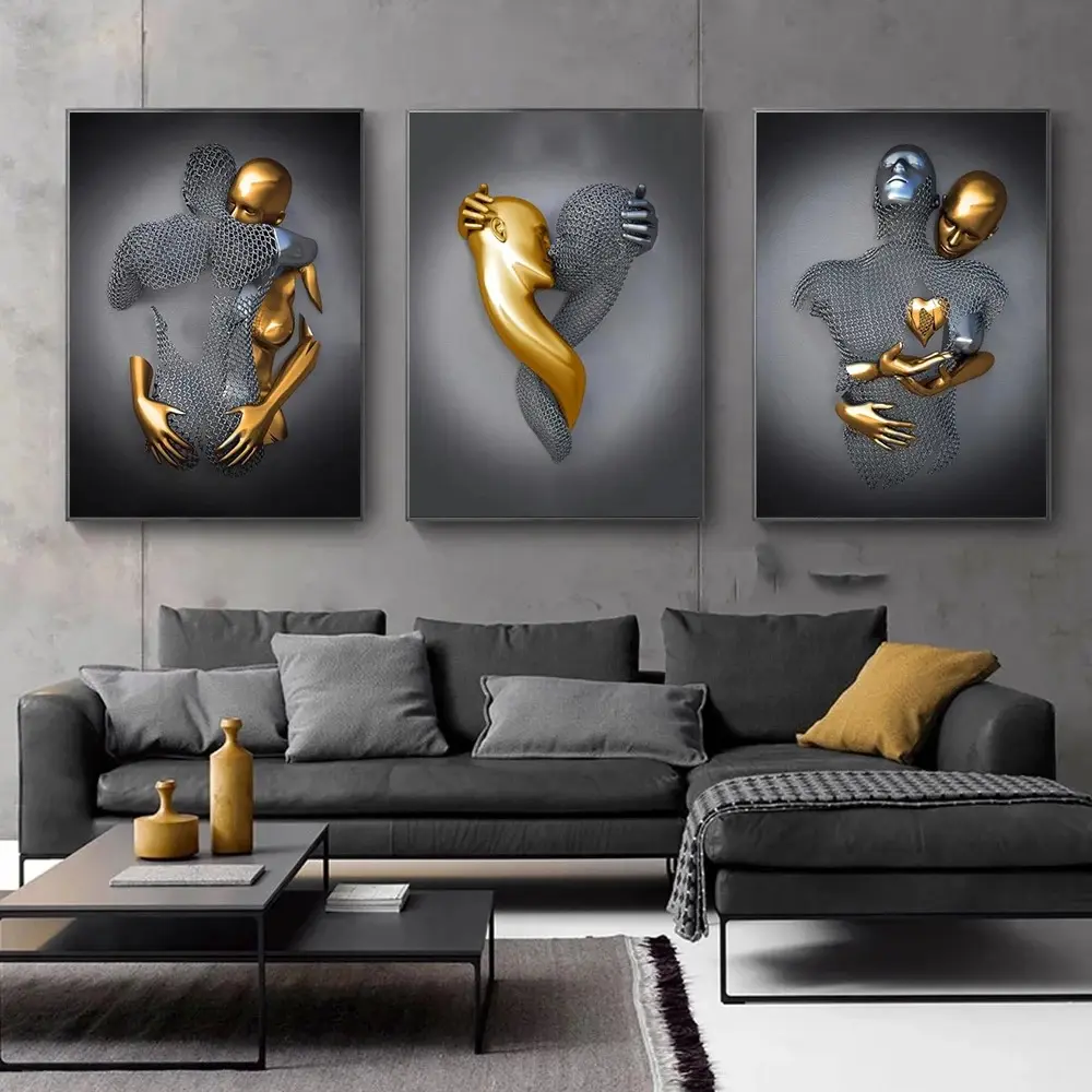 3 piezas estatua de amor dorado parejas modernas figura de Metal escultura póster pintura lienzo impresión retrato arte de pared