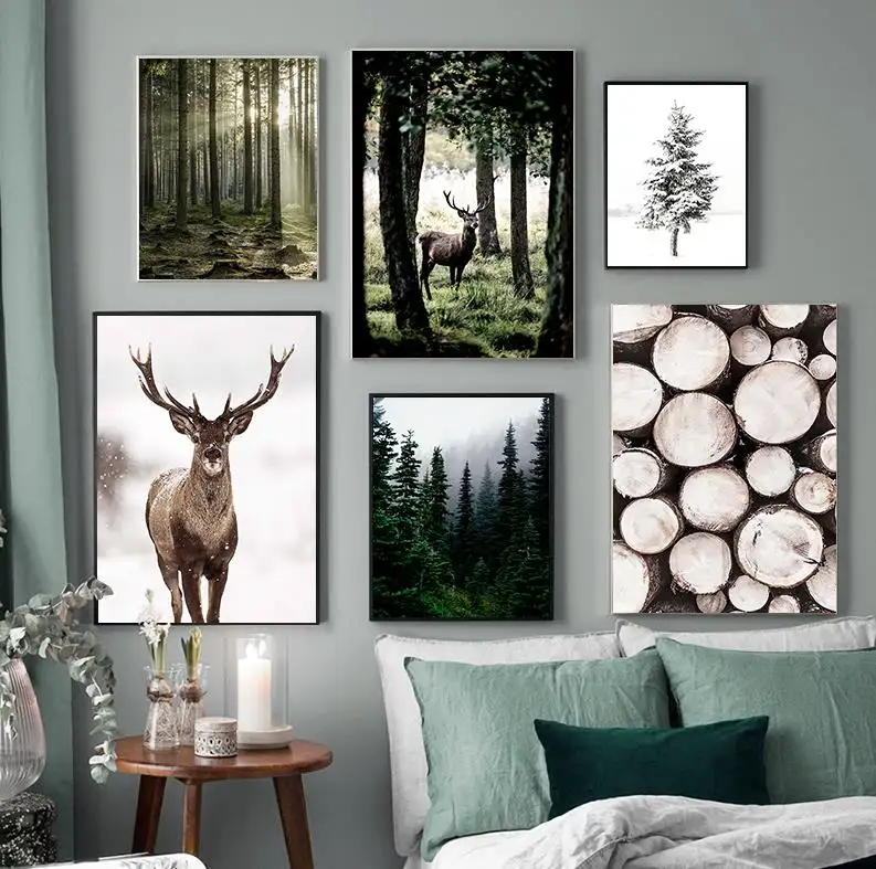 Invierno nieve bosque ciervo búho luz del sol paisaje pintura nórdica mañana paisaje decoración del hogar lienzo póster arte impresión cuadros de pared