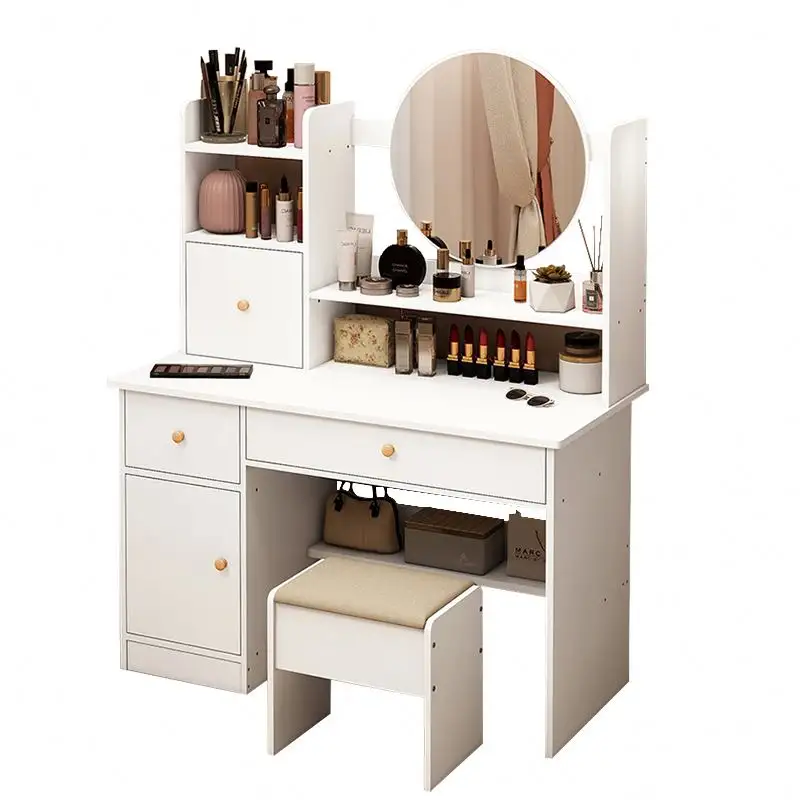 Muebles de dormitorio de MDF tocador moderno espejo de luz mesa de tocador con taburete cajón multifuncional tocador con espejo