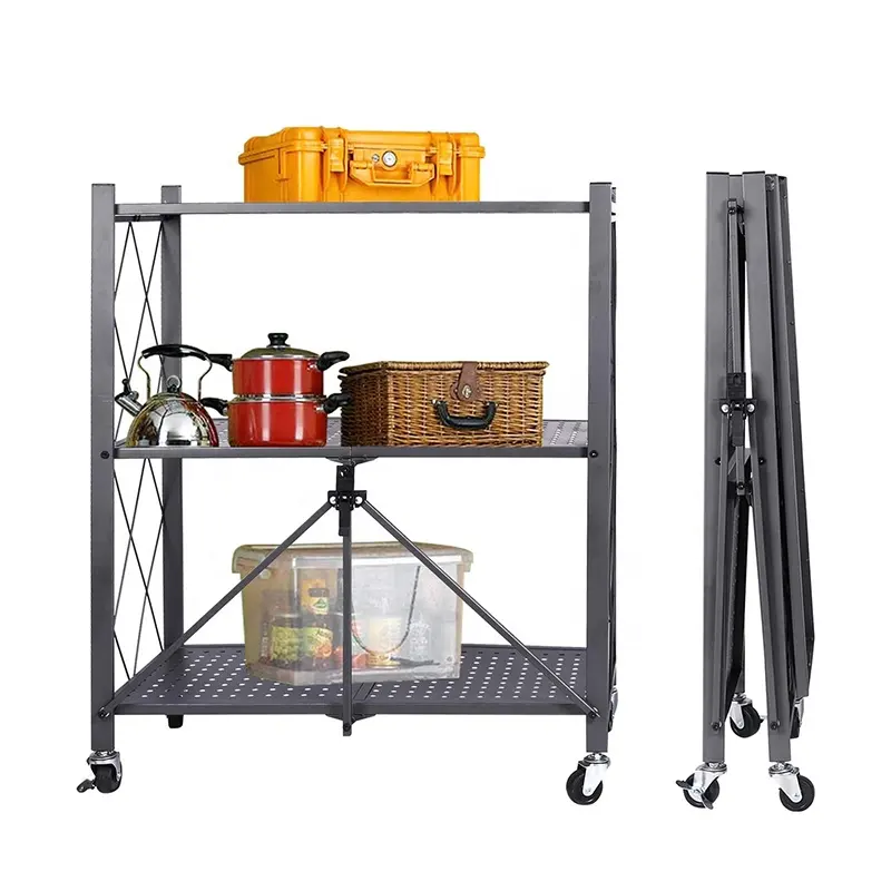 Space Saving Home Furniture Black Metal Organizer Folding Display Rack Rolling Mobile Foldable Display Racks Shelf For Kitchen