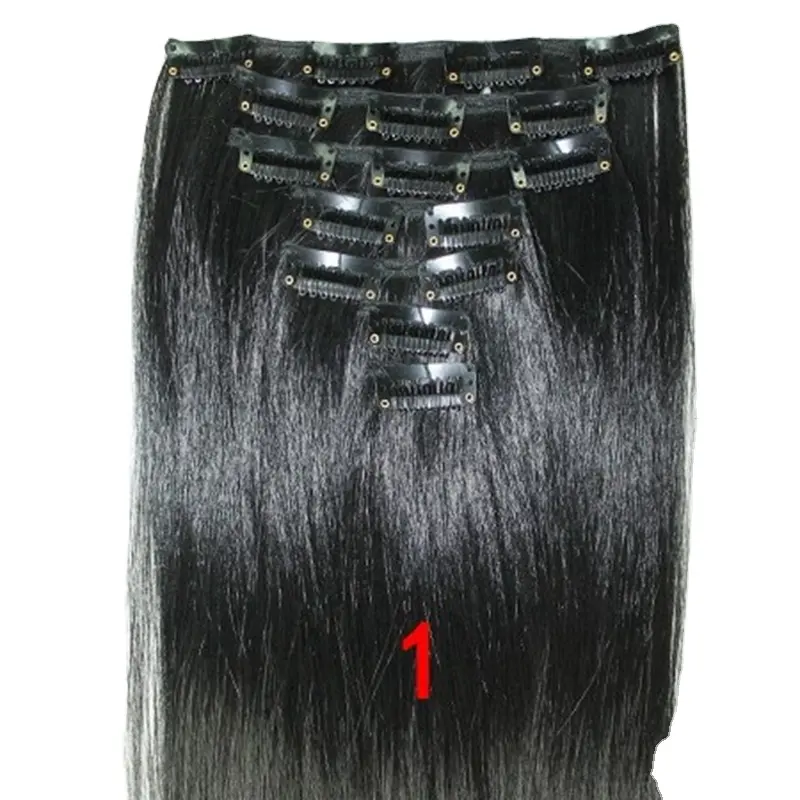 En gros haute température fibre chimique soie clip dans les cheveux couleur unie longue ligne droite cheveux 7 pièces sans soudure perruque