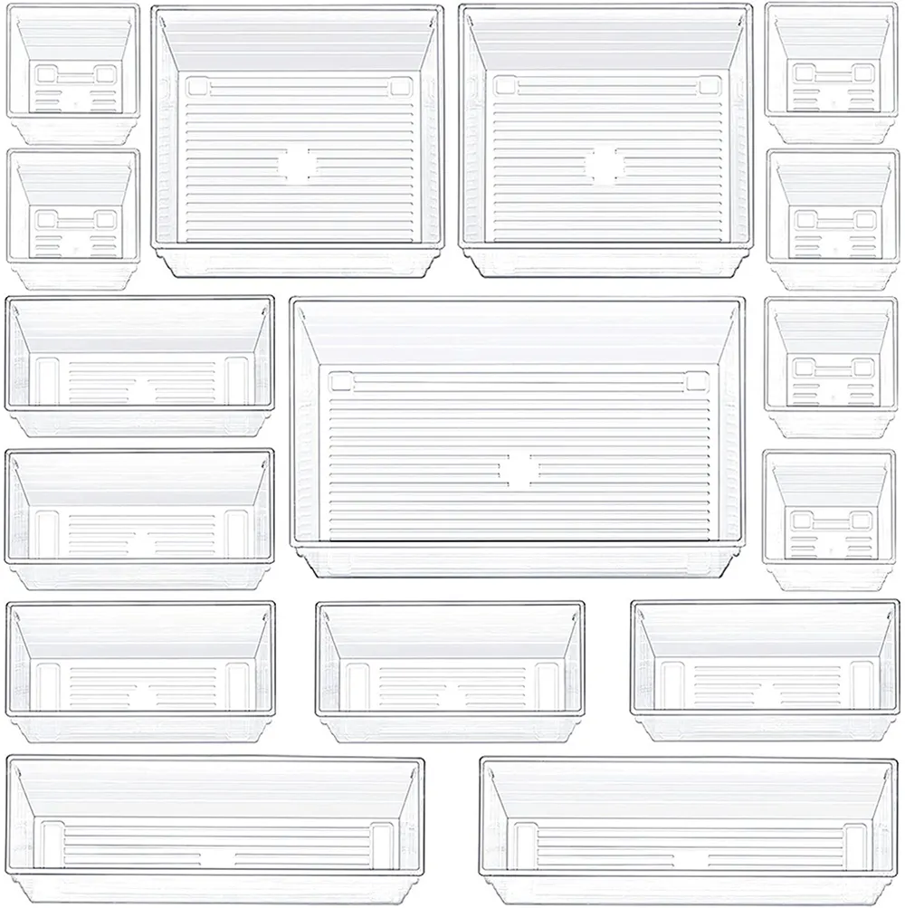 Bandeja organizadora de cajones, 16 Uds., 5 separadores de escritorio de plástico transparente de diferentes tamaños, contenedores de almacenamiento para maquillaje, utensilios de cocina, joyas